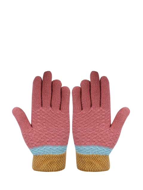 

LOOM LEGACY Women Pink & Mustard-Yellow Patterned Acrylic Wool Hand Gloves
