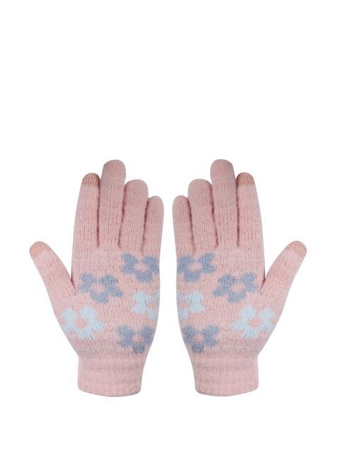 

LEGACY Women Peach-Coloured & Blue Floral Patterned Acrylic Wool Hand Gloves