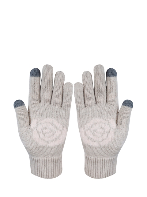 

LOOM LEGACY Women Cream-Coloured Floral Patterned Acrylic Wool Hand Gloves