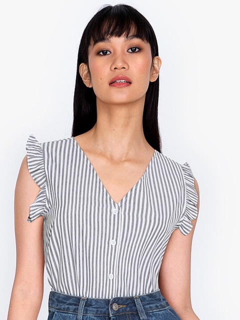 

ZALORA BASICS White & Black Pure Cotton Striped Ruffle Sleeve Top