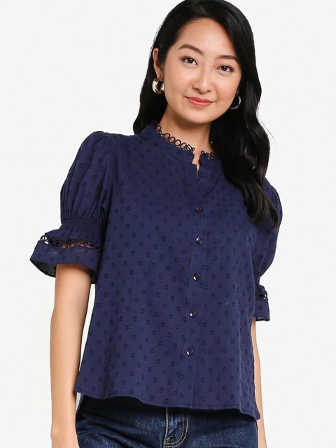 

ZALORA BASICS Women Navy Blue Bell Sleeve Blouse