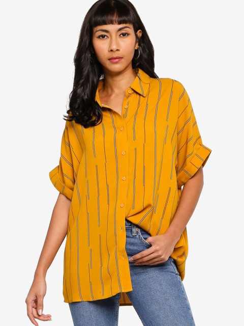 

ZALORA BASICS Yellow Striped Button Down Roll Up Sleeve Shirt Style Longline Top