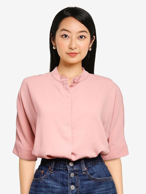 

ZALORA BASICS Women Solid Pink Solid Mandarin Collar Tunic