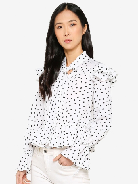 

ZALORA BASICS White & Black Print Keyhole Neck Bishop Sleeves Blouson Top