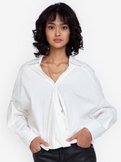 

ZALORA BASICS Women White Solid Cotton Shirt Collar Tunic