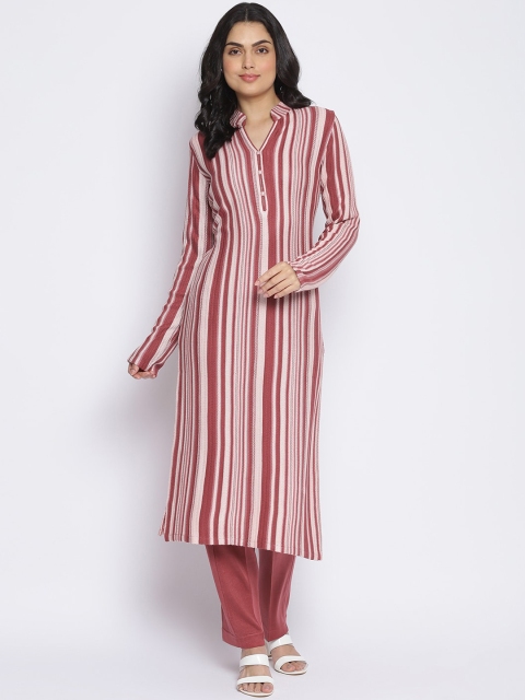

MIKHAD Women Pink Striped Thread Work Jacquard Kurta