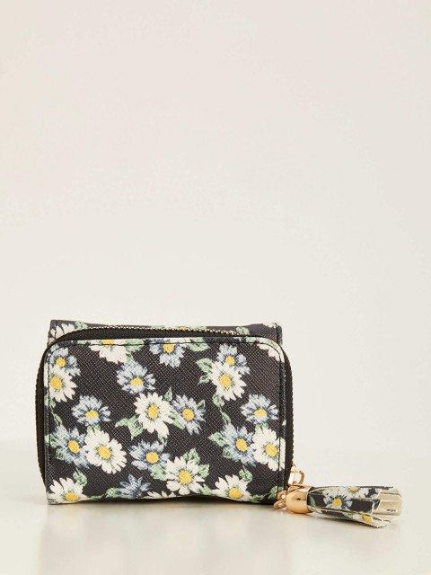 

DeFacto Women Black & White Floral Printed Saffiano Textured Taselled Three Fold Wallet