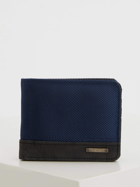 

DeFacto Men Navy Blue & Black Self Checked Two Fold Wallet with Striped Detail