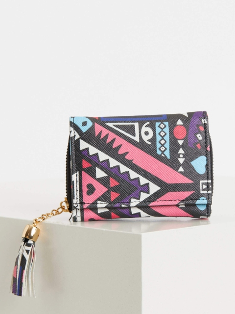 

DeFacto Women Black & Pink Quirky Printed Saffiano Textured Taselled Three Fold Wallet