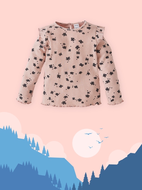 

DeFacto Girls Peach-Coloured & Black Ribbed Printed Top