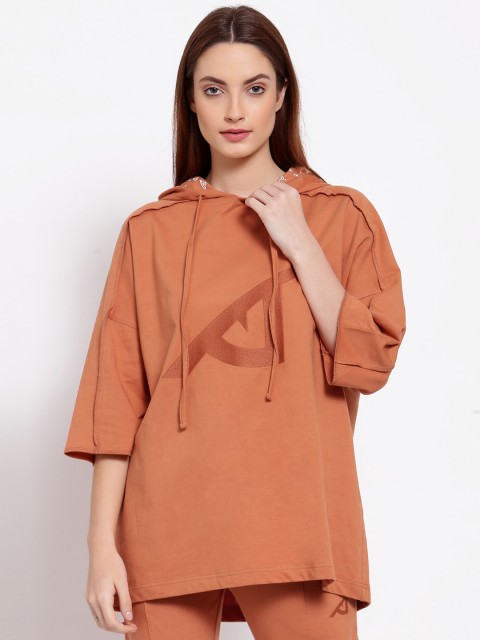 

I Am Animal Women Orange Organic Cotton Hooded Neck Regular Fit Half Sweatshirt Hoodie