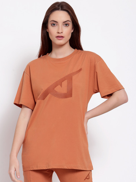 

I Am Animal Women Orange Organic Cotton Loose Fit T-Basic Eye Stitch T-Shirt