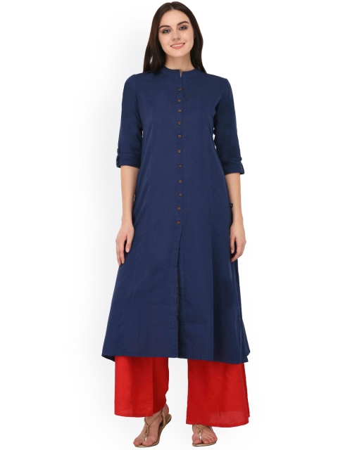 

Pistaa Women Navy Blue Pure Cotton Solid A-line Kurta
