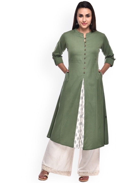 

Pistaa Women Green Pure Cotton Solid High Slit A-line Kurta