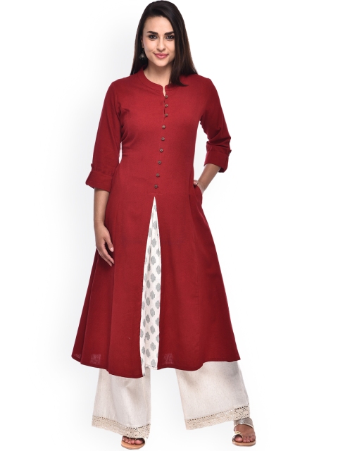 

Pistaa Women Maroon Pure Cotton Solid High Slit A-line Kurta
