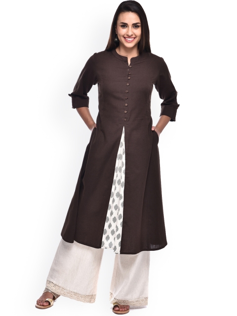 

Pistaa Women Brown Pure Cotton Solid High Slit A-line Kurta
