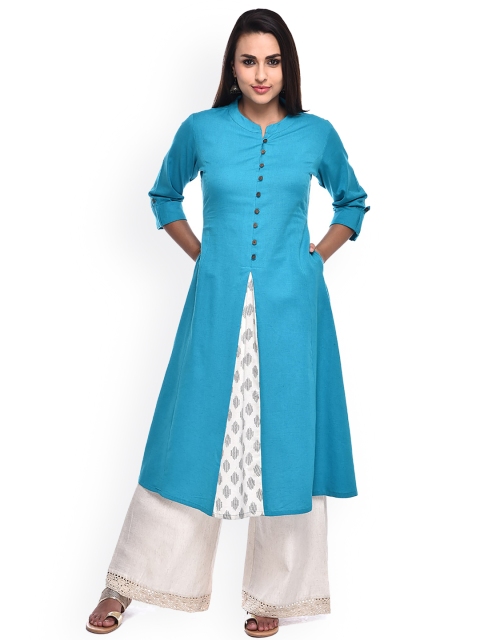 

Pistaa Women Turquoise Blue Pure Cotton Solid High Slit A-line Kurta