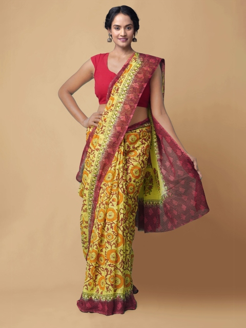 

Unnati Silks Women Yellow Pure Sustainable Batik Chanderi Sico Printed Saree