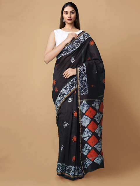 

Unnati Silks Black & Red Batik Zari Silk Cotton Chanderi Saree