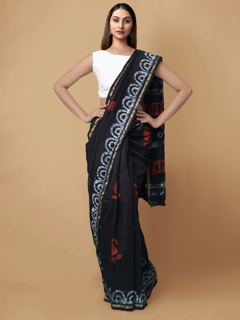 

Unnati Silks Black & White Batik Zari Silk Cotton Chanderi Saree