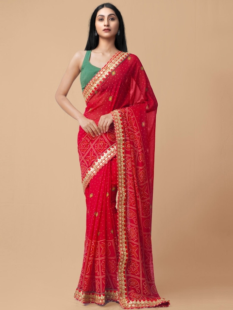 

Unnati Silks Women Red Gota Patti Bandhani Dyed Chiffon Saree