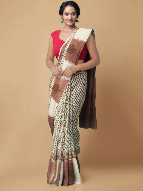 

Unnati Silks Cream-Coloured & Green Floral Hnadloom Kota Pure Cotton Saree