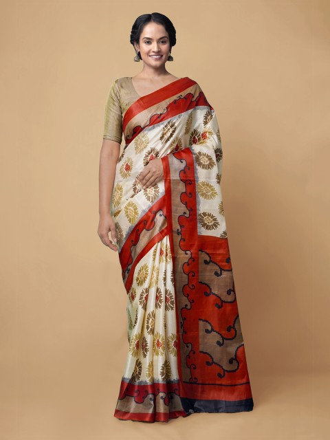 

Unnati Silks Cream-Coloured & Red Ethnic Motifs Block Print Saree