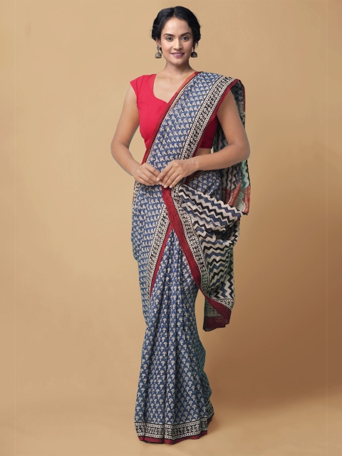 

Unnati Silks Blue & Beige Floral Printed Pure Cotton Handloom Sustainable Kota Saree