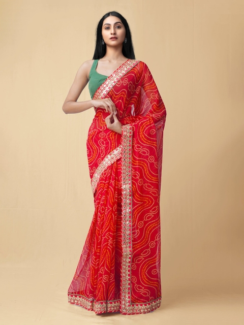 

Unnati Silks Red & Orange Gotta Patti Bandhani Saree