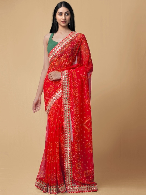 

Unnati Silks Red & Green Bandhani Gotta Patti Bandhani Saree
