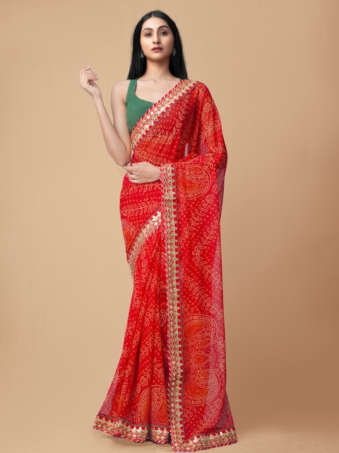 

Unnati Silks Red & White Bandhani Gotta Patti Bandhani Saree