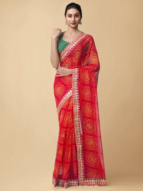 

Unnati Silks Red Dyed Gota Patti Bandhani Chiffon Saree