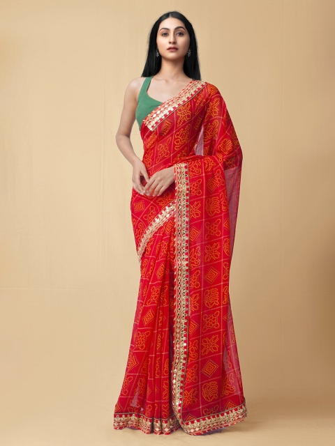 

Unnati Silks Red & Yellow Bandhani Gotta Patti Bandhani Saree