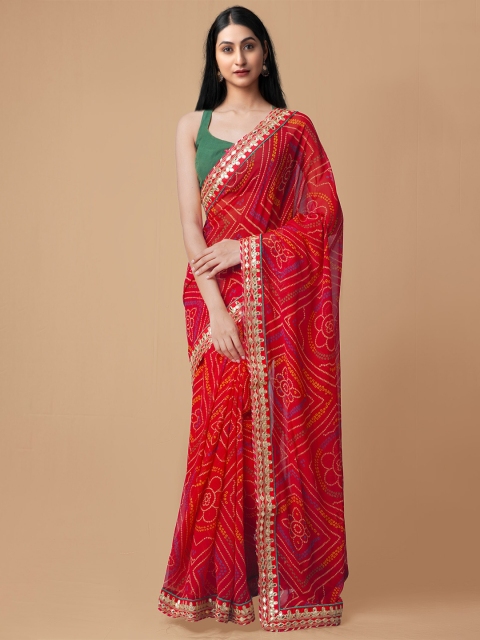 

Unnati Silks Red & Blue Bandhani Gotta Patti Bandhani Saree