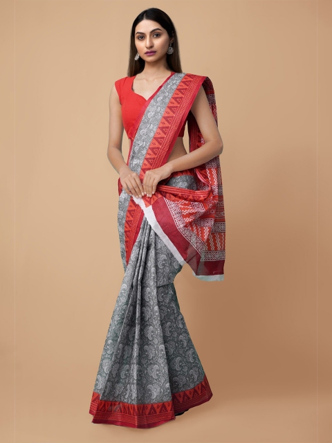 

Unnati Silks Grey & Red Ethnic Motifs Pure Cotton Kovai Saree