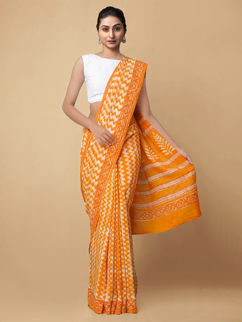 

Unnati Silks Women Orange Dabu Printed Rajasthani Soft Silk Dyed Saree