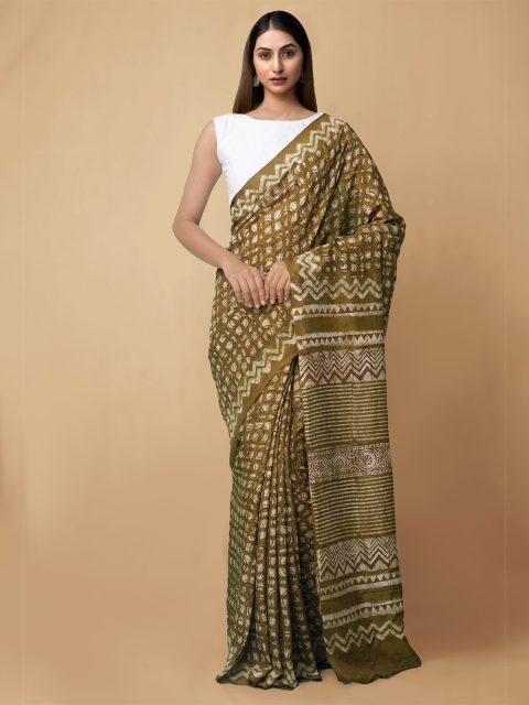 

Unnati Silks Green & Grey Dabu Silk Blend Dabu Saree
