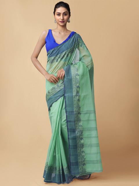 

Unnati Silks Green & Blue Woven Design Pure Cotton Bengali Taant Saree