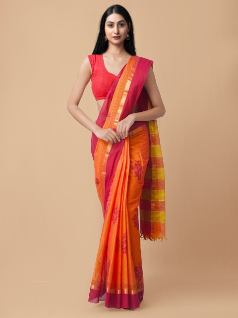 

Unnati Silks Orange & Magenta Floral Zari Pure Cotton Mangalagiri Saree
