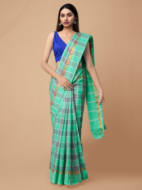

Unnati Silks Green & Grey Checked Zari Handloom Mangalagiri Pure Cotton Saree