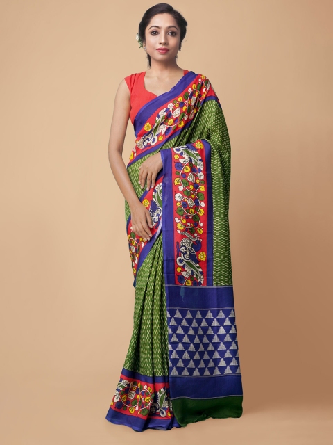 

Unnati Silks Green & Red Silk Blend Pochampally Saree
