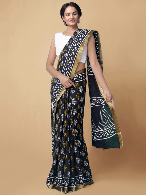 

Unnati Silks Black & White Ethnic Motifs Pure Cotton Sustainable Block Print Saree