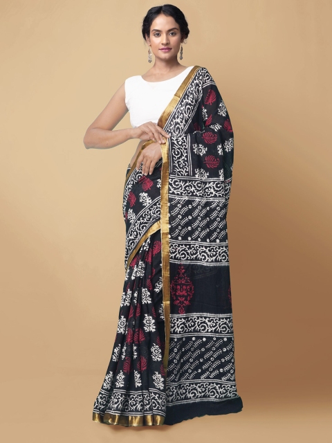 

Unnati Silks Black & White Ethnic Motifs Zari Pure Cotton Block Print Saree