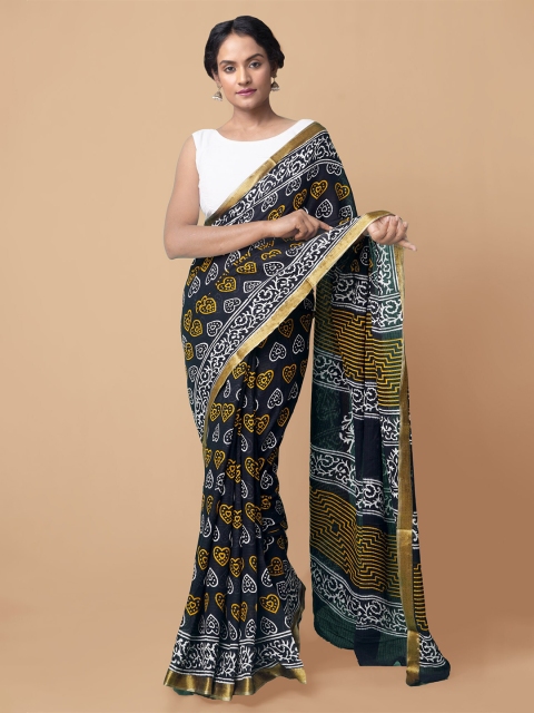 

Unnati Silks Black & White Ethnic Motifs Zari Pure Cotton Block Print Saree