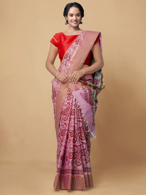 

Unnati Silks Pink & Red Ethnic Motifs Zari Pure Cotton Mangalagiri Saree