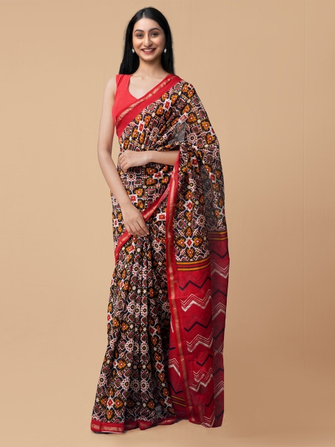 

Unnati Silks Black & Red Ethnic Motifs Zari Silk Cotton Handloom Chanderi Saree