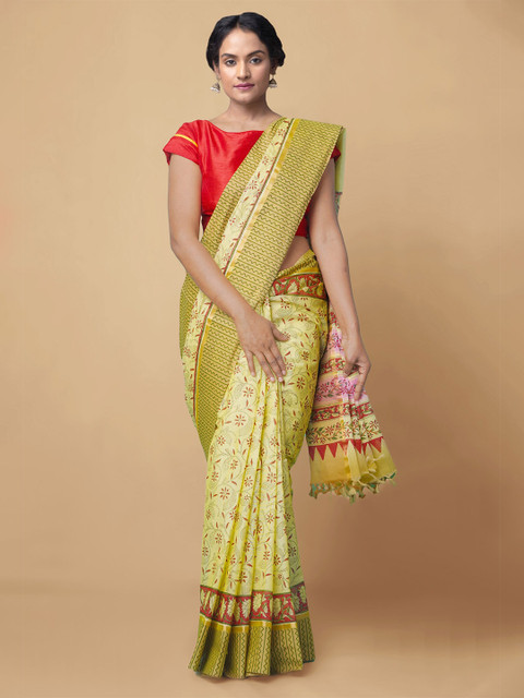 

Unnati Silks Women Yellow Sustainable Vrinda Mangalagiri Printed Cotton Saree