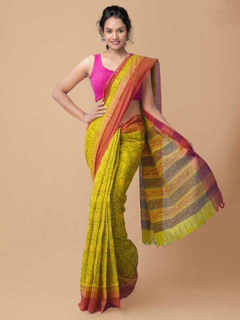 

Unnati Silks Yellow & Red Ethnic Motifs Handblock Printed Pure Cotton Mangalagiri Saree