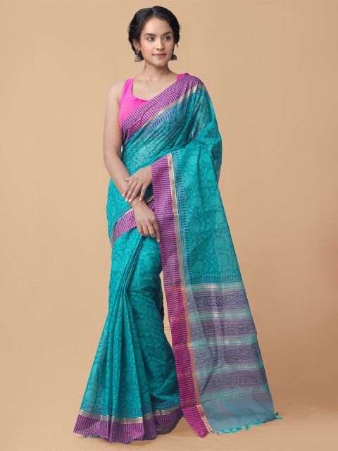 

Unnati Silks Green & Magenta Ethnic Motifs Zari Pure Cotton Mangalagiri Saree