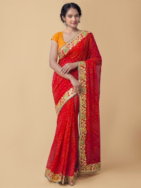 

Unnati Silks Red & Yellow Bandhani Gotta Patti Bandhani Saree